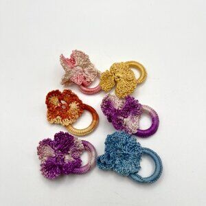 Vintage Handmade Crochet Flower Rings Lot of 6 Colorful Boho Ombre Whimsical
